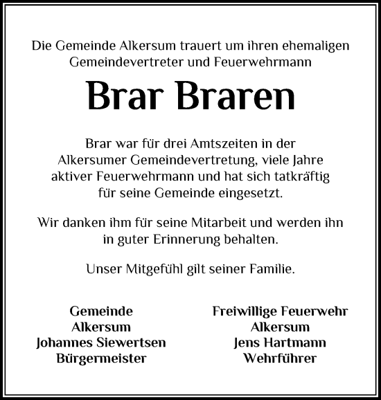 Traueranzeige von Brar Braren von Der Insel-Bote