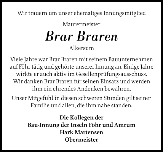 Traueranzeige von Brar Braren von Der Insel-Bote