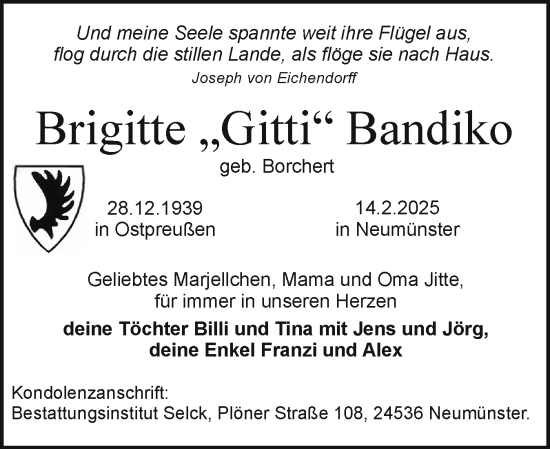 Traueranzeige von Brigitte Bandiko von Holsteinischer Courier