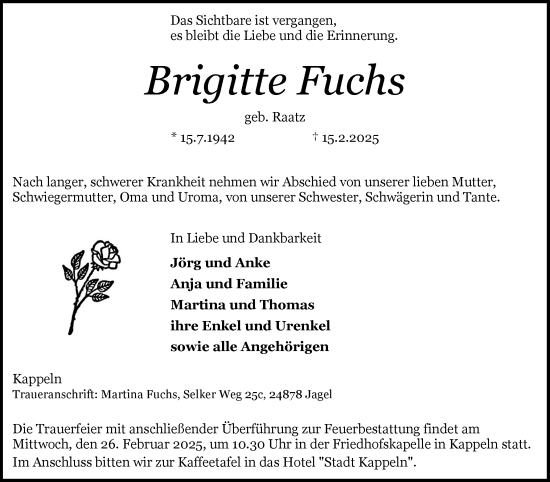 Traueranzeige von Brigitte Fuchs von Schleswiger Nachrichten, Schlei-Bote