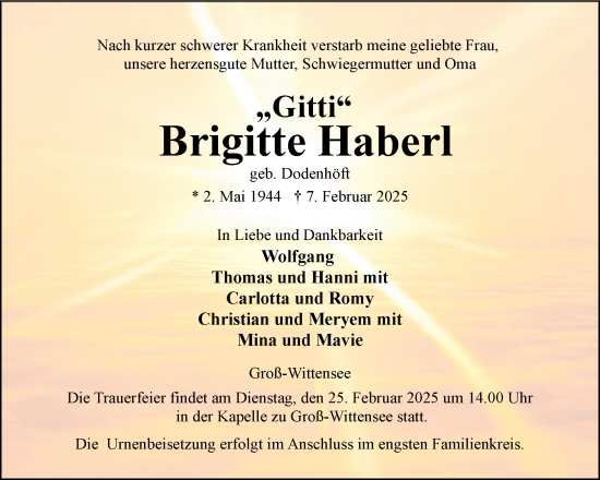 Traueranzeige von Brigitte Haberl von Eckernförder Zeitung, Hallo Eckernförde