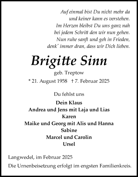 Traueranzeige von Brigitte Sinn von Schleswig-Holsteinische Landeszeitung