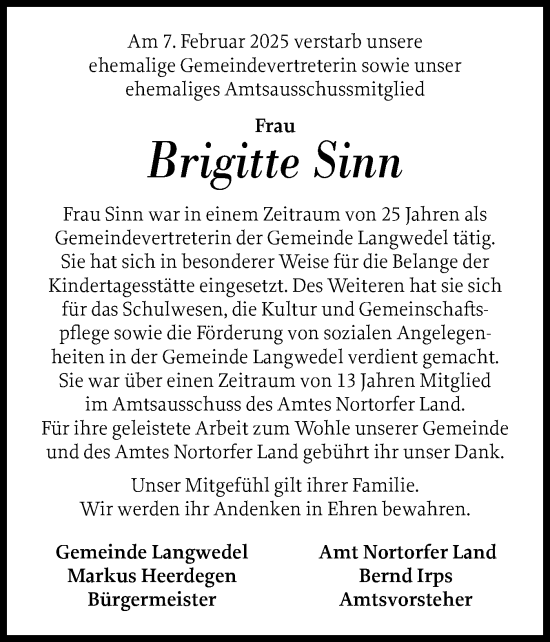 Traueranzeige von Brigitte Sinn von Schleswig-Holsteinische Landeszeitung