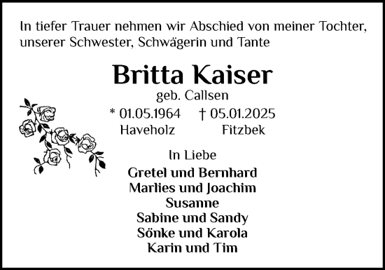 Traueranzeige von Britta Kaiser von Die WochenSchau Gesamtausgabe