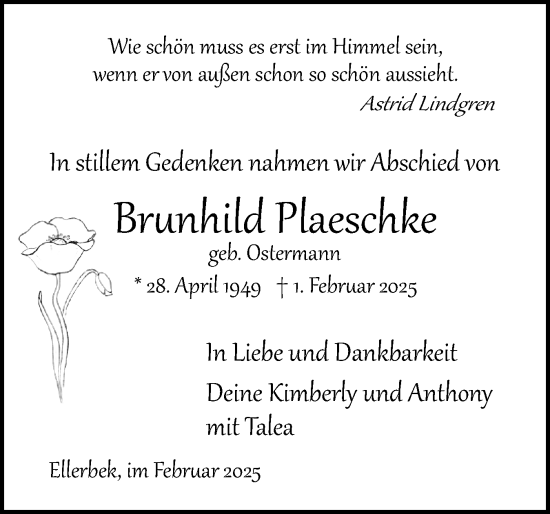 Traueranzeige von Brunhild Plaeschke von Region Pinneberg und tip Pinneberg