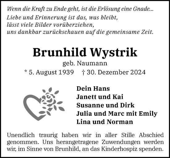 Traueranzeige von Brunhild Wystrik von Elmshorner Nachrichten, Barmstedter Zeitung