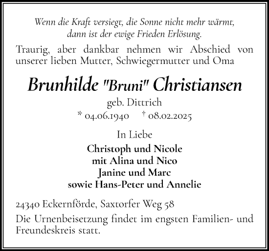 Traueranzeige von Brunhilde  Christiansen von Eckernförder Zeitung