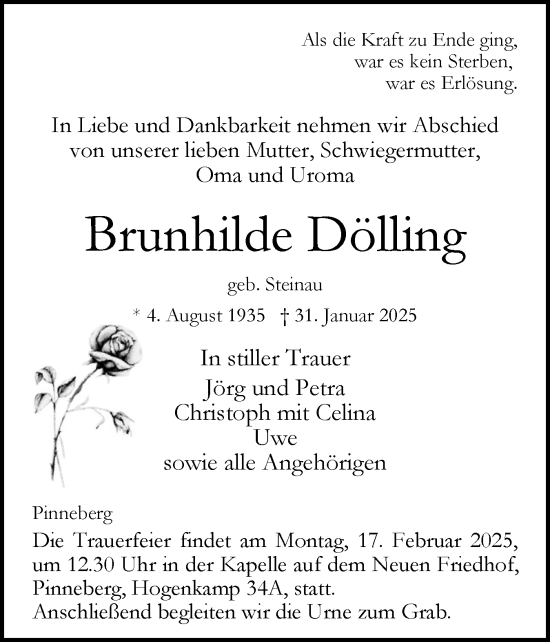 Traueranzeige von Brunhilde Dölling von Region Pinneberg und tip Pinneberg