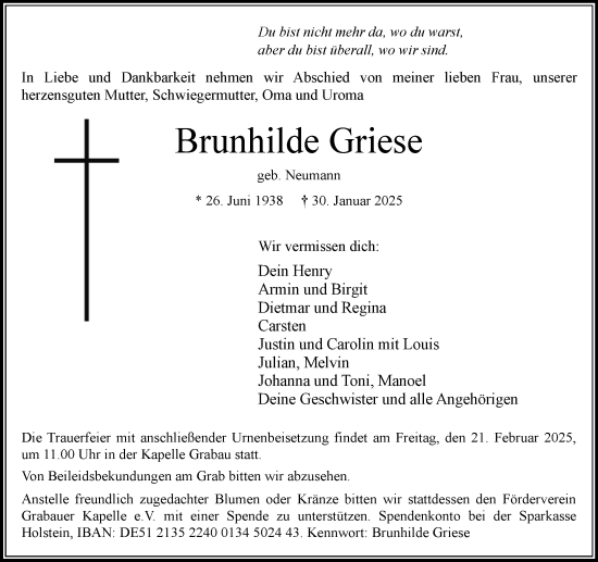 Traueranzeige von Brunhilde Griese von MARKT Bad Oldesloe/Reinfeld, MARKT Ahrensburg/Bargteheide/Trittau und Stormarner Tageblatt