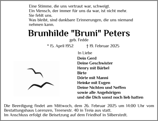 Traueranzeige von Brunhilde Peters von Schleswiger Nachrichten, Schlei-Bote