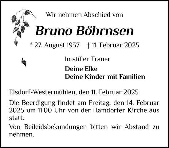 Traueranzeige von Bruno Böhrnsen von Schleswig-Holsteinische Landeszeitung