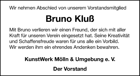 Traueranzeige von Bruno Kluß von MARKT Ratzeburg/Mölln