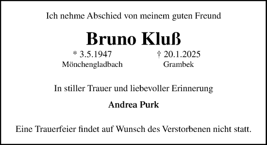 Traueranzeige von Bruno Kluß von MARKT Ratzeburg/Mölln