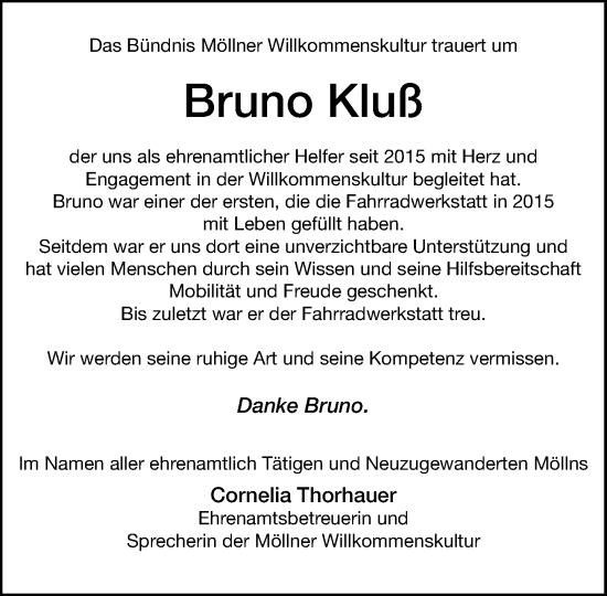Traueranzeige von Bruno Kluß von MARKT Ratzeburg/Mölln