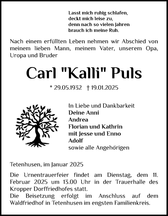 Traueranzeige von Carl Puls von Schleswig-Holsteinische Landeszeitung