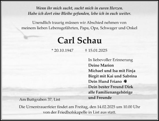 Traueranzeige von Carl Schau von Sylter Rundschau