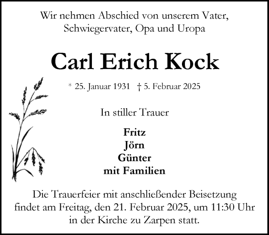 Traueranzeige von Carl Erich Kock von MARKT Bad Oldesloe/Reinfeld und Stormarner Tageblatt