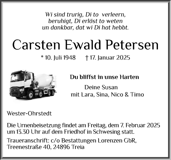 Traueranzeige von Carsten Ewald Petersen von Husumer Nachrichten, Nordfriesland Tageblatt