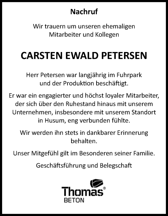 Traueranzeige von Carsten Ewald Petersen von Husumer Nachrichten, Nordfriesland Tageblatt
