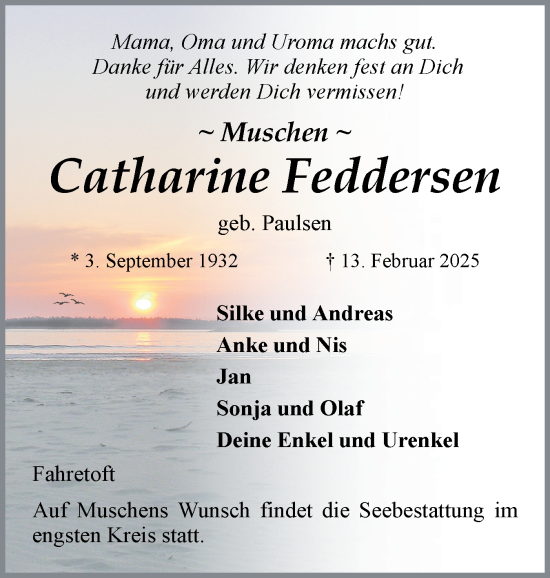 Traueranzeige von Catharine Feddersen von Husumer Nachrichten, Nordfriesland Tageblatt