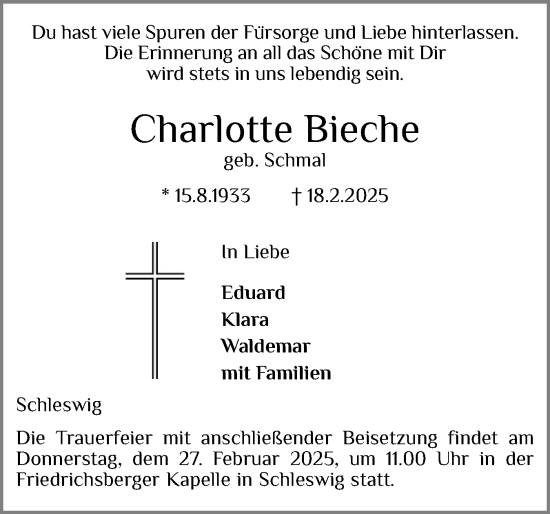 Traueranzeige von Charlotte Bieche von Schleswiger Nachrichten, Schlei-Bote
