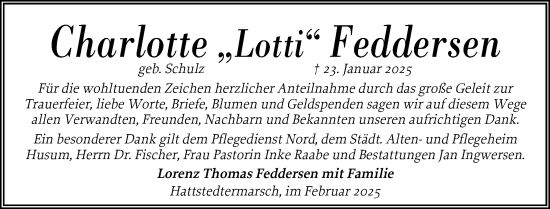 Traueranzeige von Charlotte Feddersen von Husumer Nachrichten, Nordfriesland Tageblatt