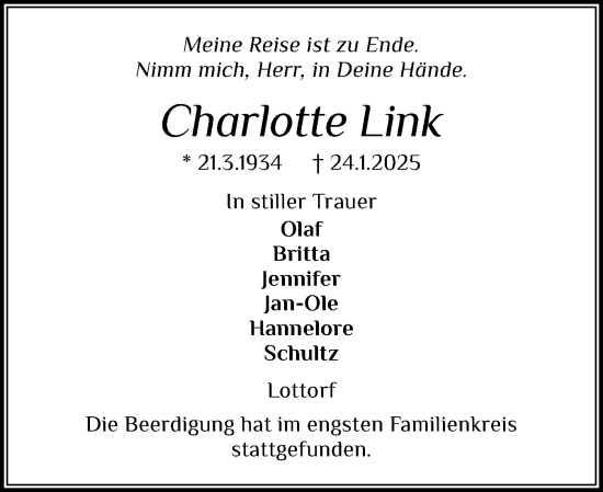 Traueranzeige von Charlotte Link von Schleswiger Nachrichten, Schlei-Bote