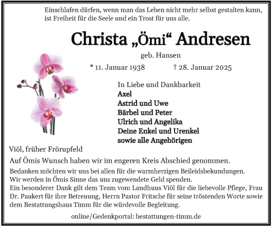 Traueranzeige von Christa Andresen von Region Flensburg