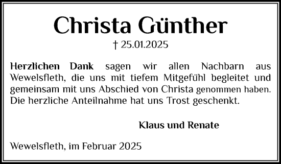 Traueranzeige von Christa Günther von Norddeutsche Rundschau, Wilstersche Zeitung, Glückstädter Fortuna