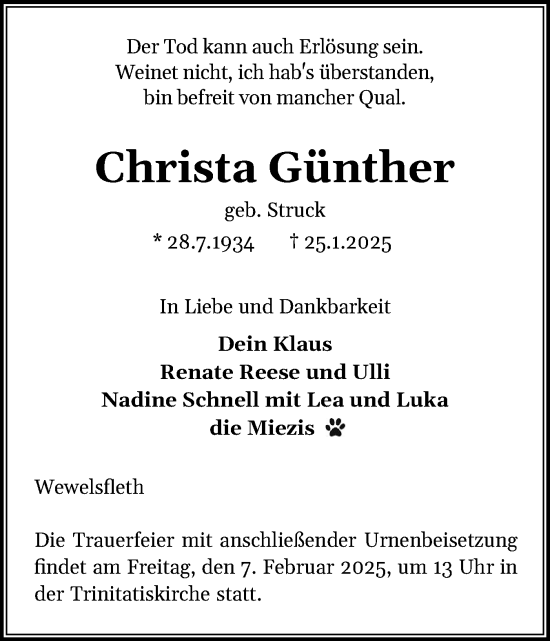 Traueranzeige von Christa Günther von Norddeutsche Rundschau, Wilstersche Zeitung, Glückstädter Fortuna