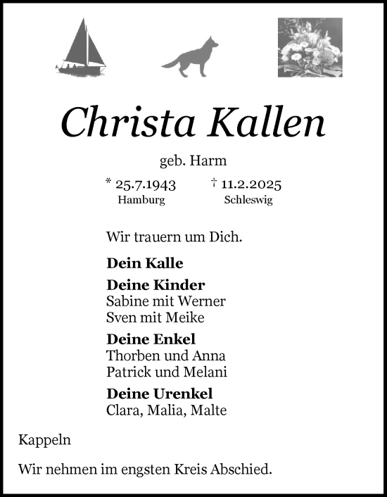 Traueranzeige von Christa Kallen von Schleswiger Nachrichten, Schlei-Bote
