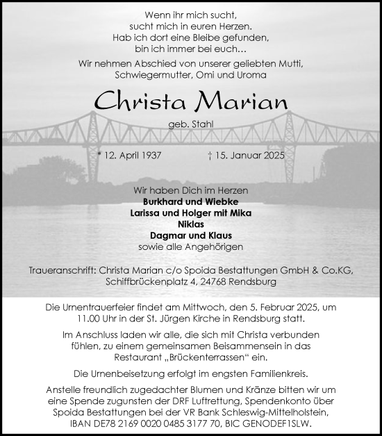 Traueranzeige von Christa Marian von Schleswig-Holsteinische Landeszeitung