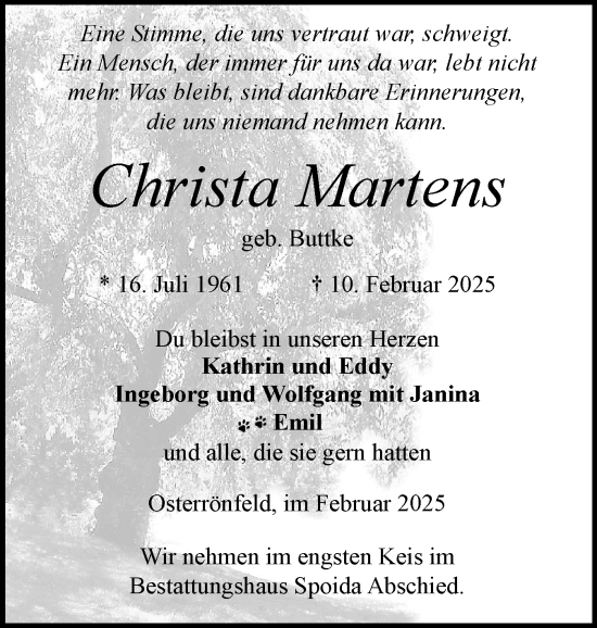 Traueranzeige von Christa Martens von Schleswig-Holsteinische Landeszeitung