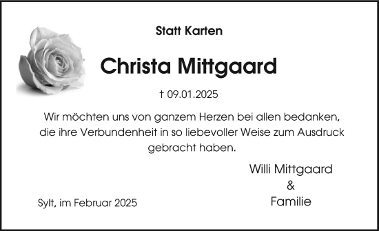 Traueranzeige von Christa Mittgaard von Sylter Rundschau