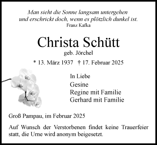 Traueranzeige von Christa Schütt von Wochenend Anzeiger