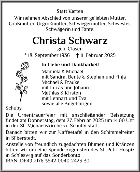 Traueranzeige von Christa Schwarz von Schleswiger Nachrichten, Schlei-Bote