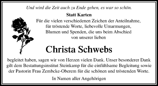 Traueranzeige von Christa Schwebs von Wochenend Anzeiger
