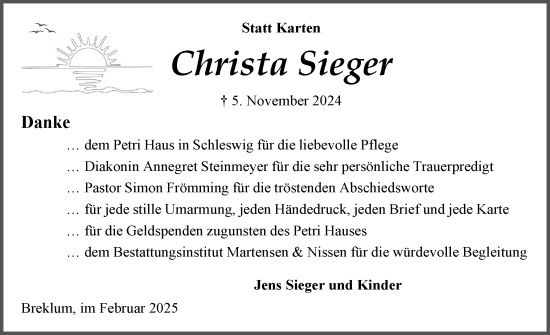 Traueranzeige von Christa Sieger von Region Flensburg