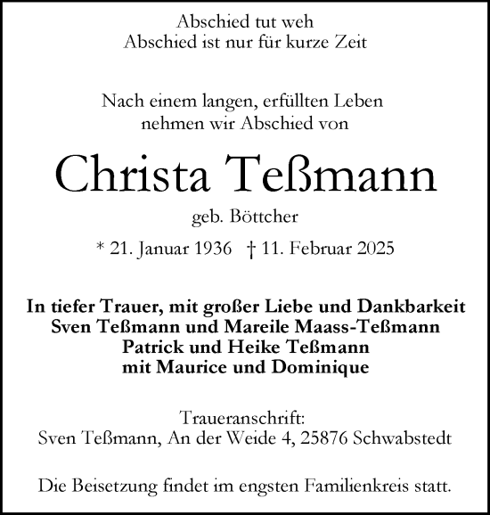 Traueranzeige von Christa Teßmann von Husumer Nachrichten, Nordfriesland Tageblatt