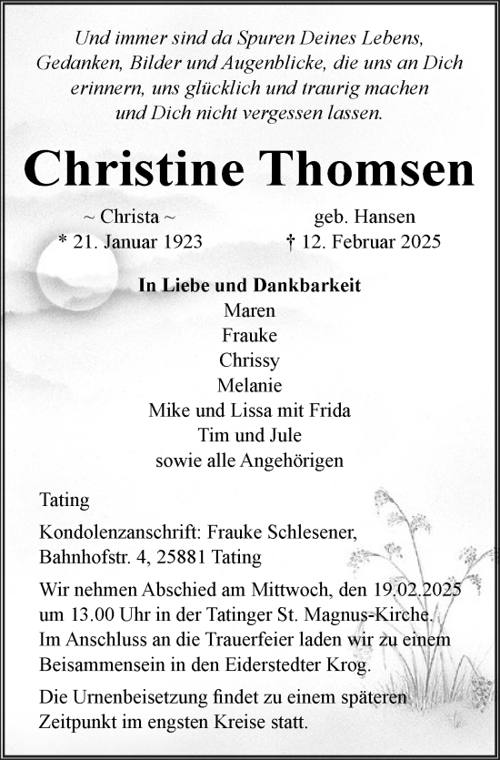 Traueranzeige von Christa Thomsen von Husumer Nachrichten, Nordfriesland Tageblatt