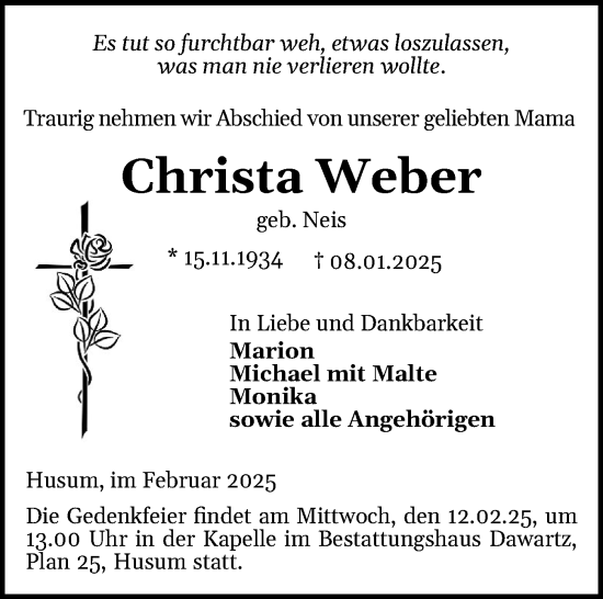 Traueranzeige von Christa Weber von Husumer Nachrichten, Nordfriesland Tageblatt