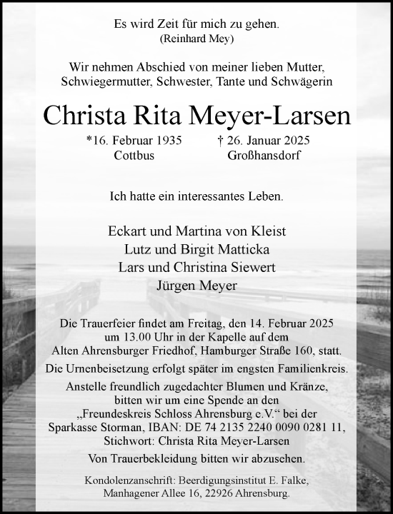 Traueranzeige von Christa Rita Meyer-Larsen von MARKT Ahrensburg/Bargteheide/Trittau und Stormarner Tageblatt