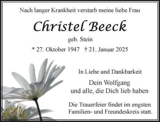 Traueranzeige von Christel Beeck von MARKT Bad Oldesloe/Reinfeld und Stormarner Tageblatt