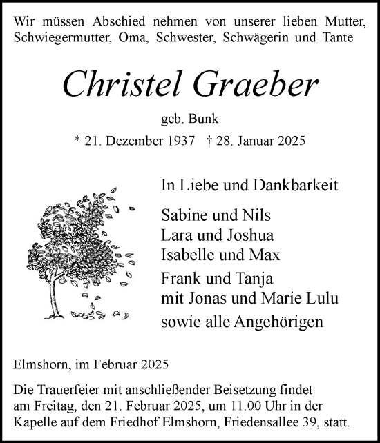 Traueranzeige von Christel Graeber von Elmshorner Nachrichten, Barmstedter Zeitung