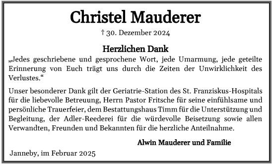Traueranzeige von Christel Mauderer von Region Flensburg