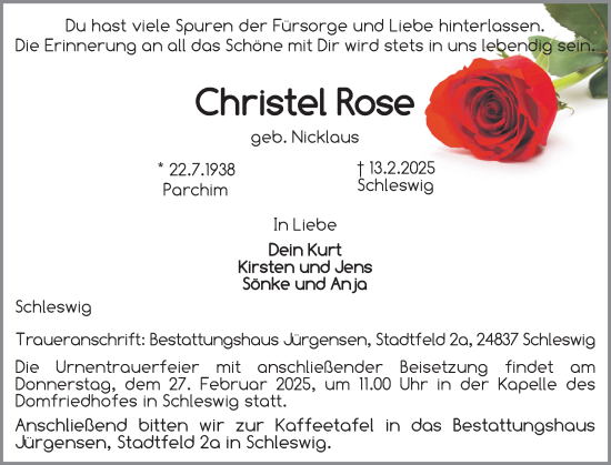 Traueranzeige von Christel Rose von Schleswiger Nachrichten, Schlei-Bote