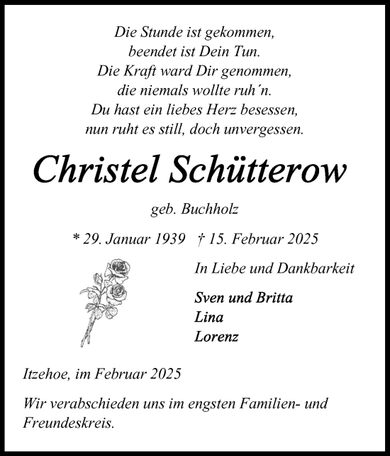 Traueranzeige von Christel Schütterow von Norddeutsche Rundschau, Wilstersche Zeitung, Glückstädter Fortuna