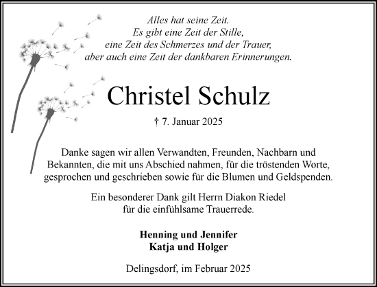 Traueranzeige von Christel Schulz von MARKT Ahrensburg/Bargteheide/Trittau und Stormarner Tageblatt