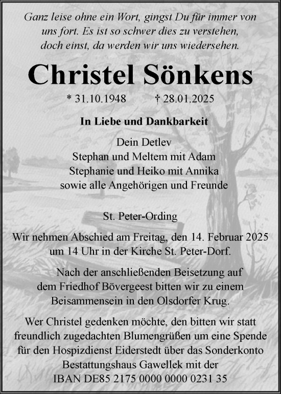 Traueranzeige von Christel Sönkens von Husumer Nachrichten, Nordfriesland Tageblatt
