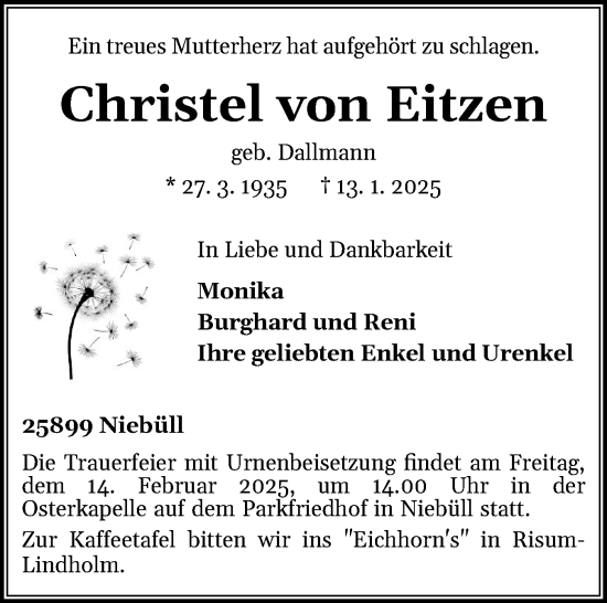 Traueranzeige von Christel von Eitzen von Region Westküste